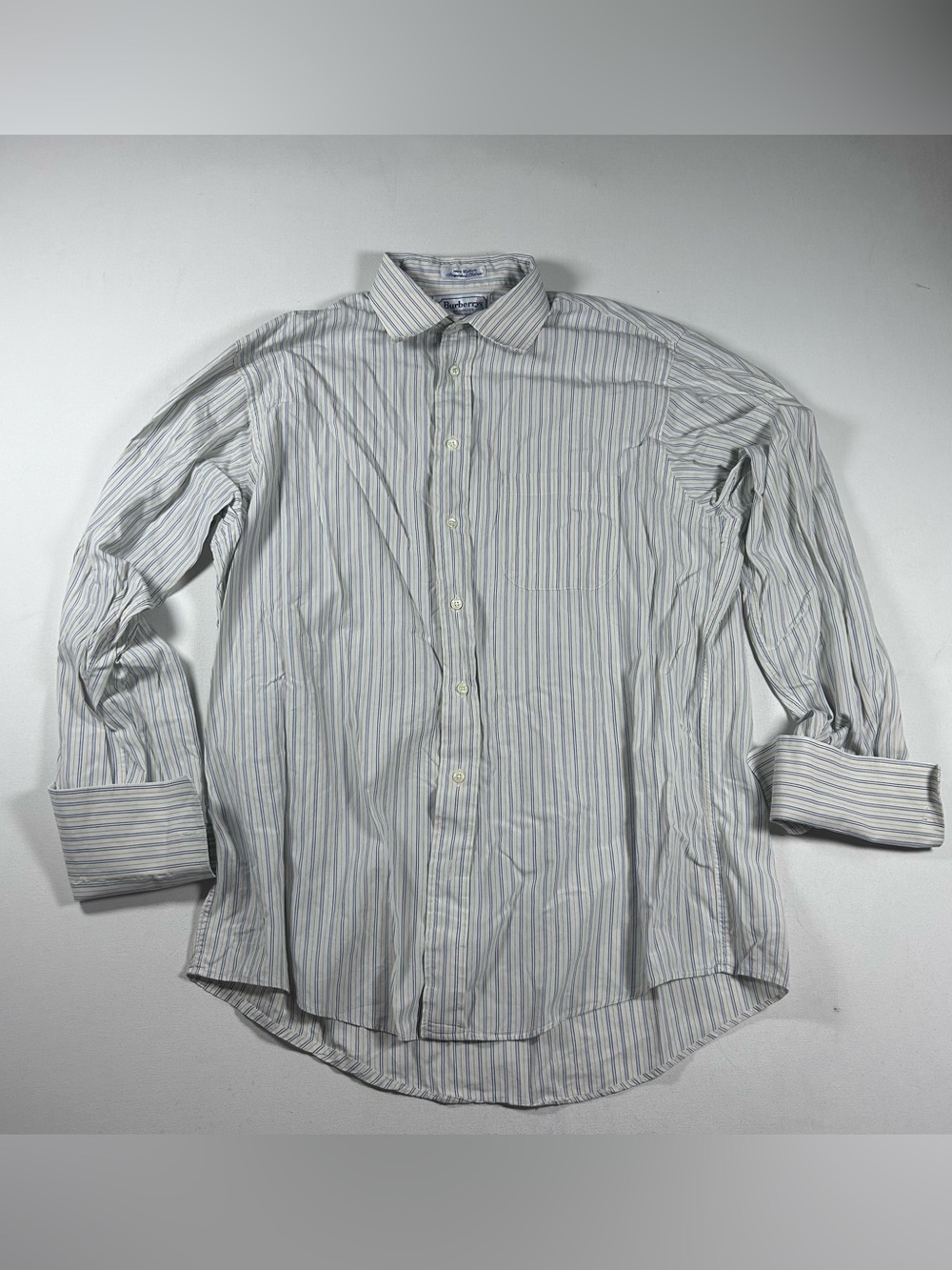 Vintage Burberrys of London Dress Shirt Men 16 1/2 -34 Blue Striped Made USA 90s